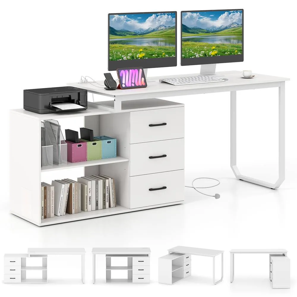 Costway 140 cm Reversible L Shaped Desk with 3 Drawers Home Office Desk in White