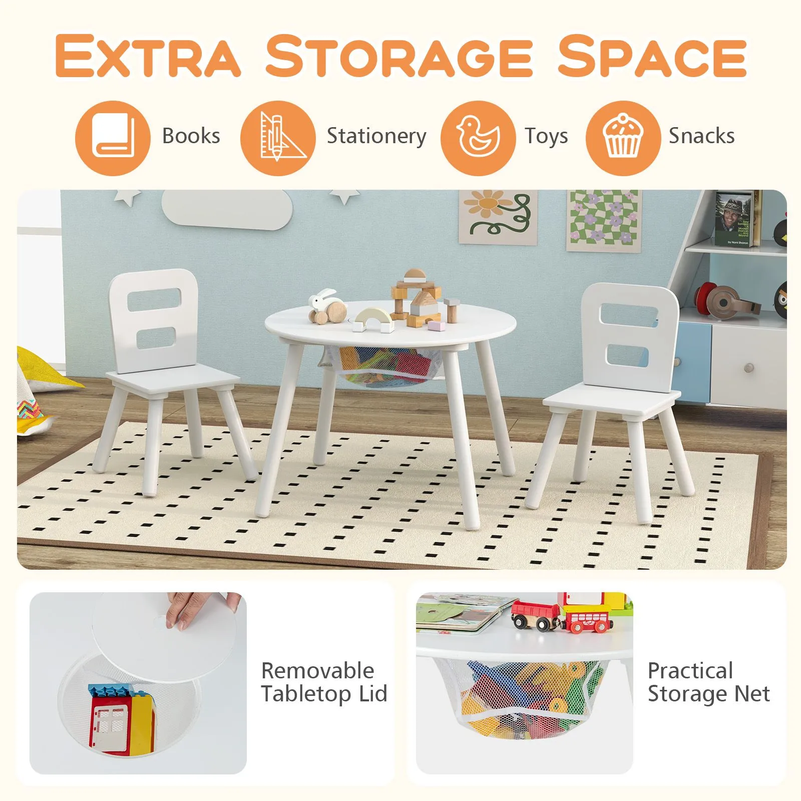 Costway Round Table & Chair Set 3 Pcs Wooden Activity Table in White 5