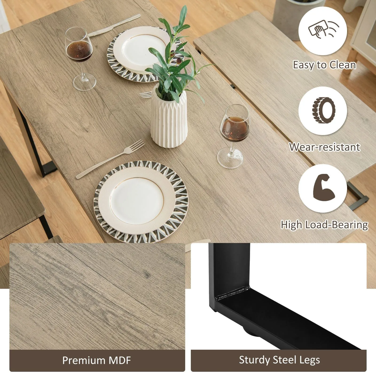 Costway 4PCS Industrial Dining Table & Chair Set Kitchen Furniture Table Bench 2 Stools in Grey 6