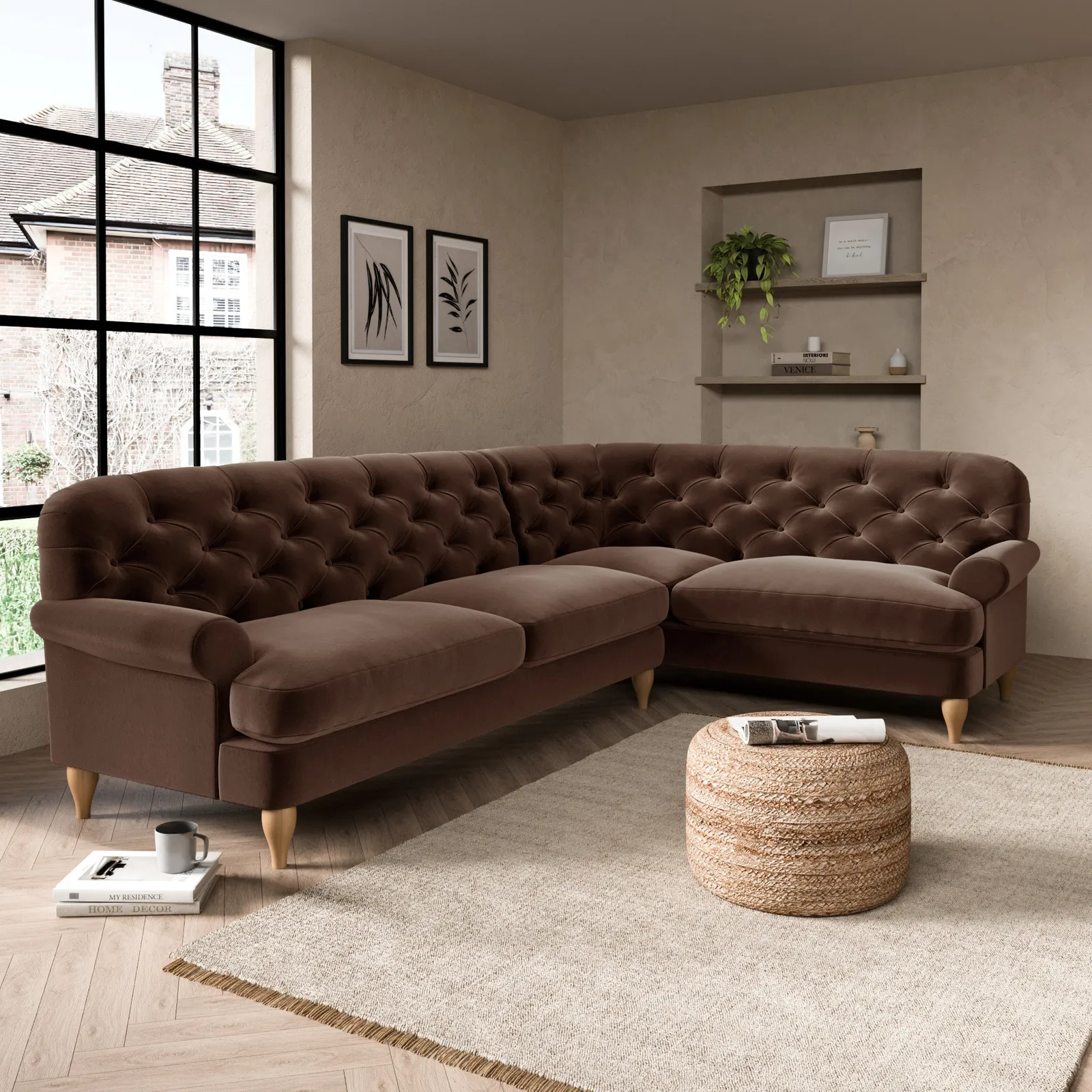 Canterbury Luxury Velvet Right Hand Corner Sofa Brown