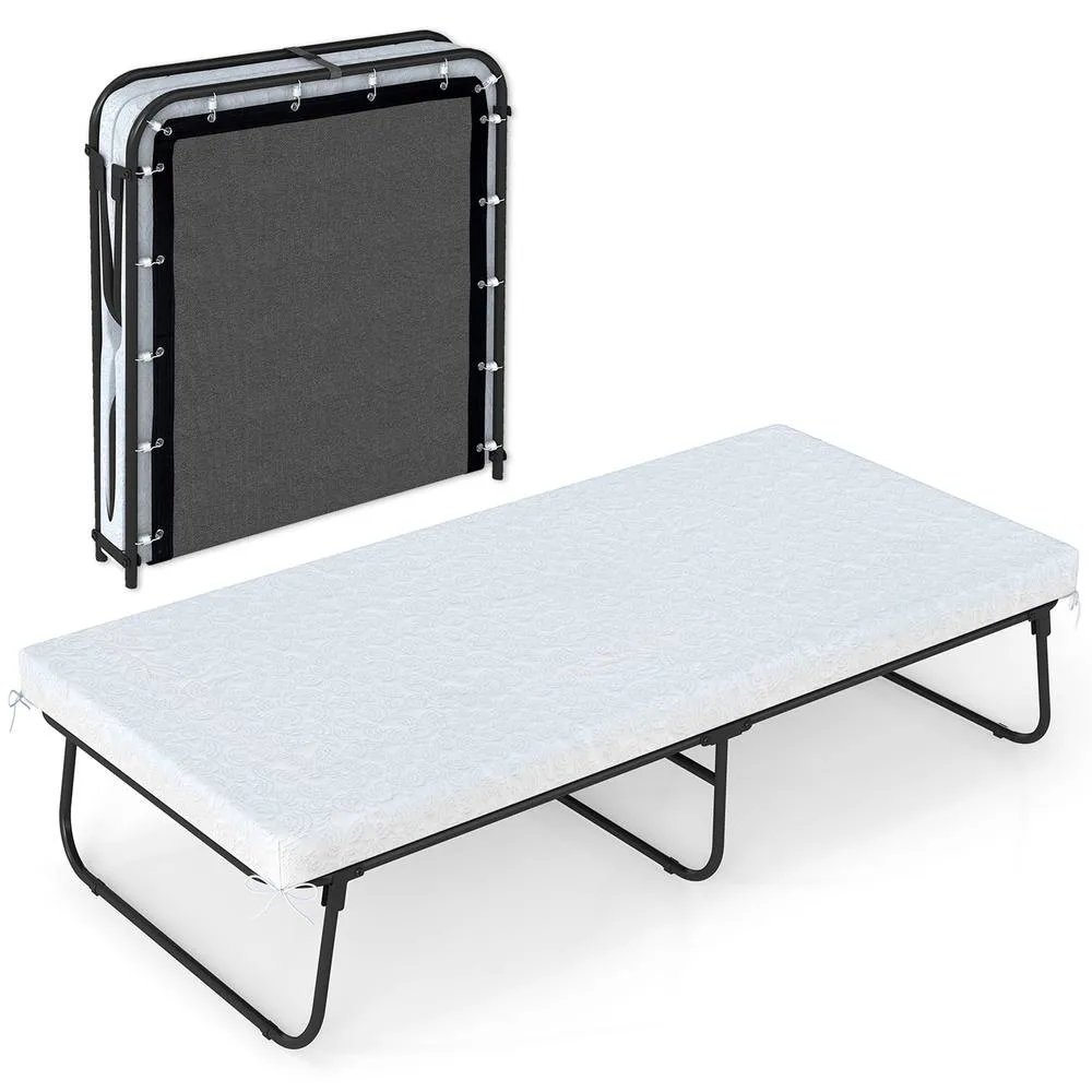 Costway Folding Bed with Mattress Single Size Guest Bed Rollaway Fold Up Bed in White
