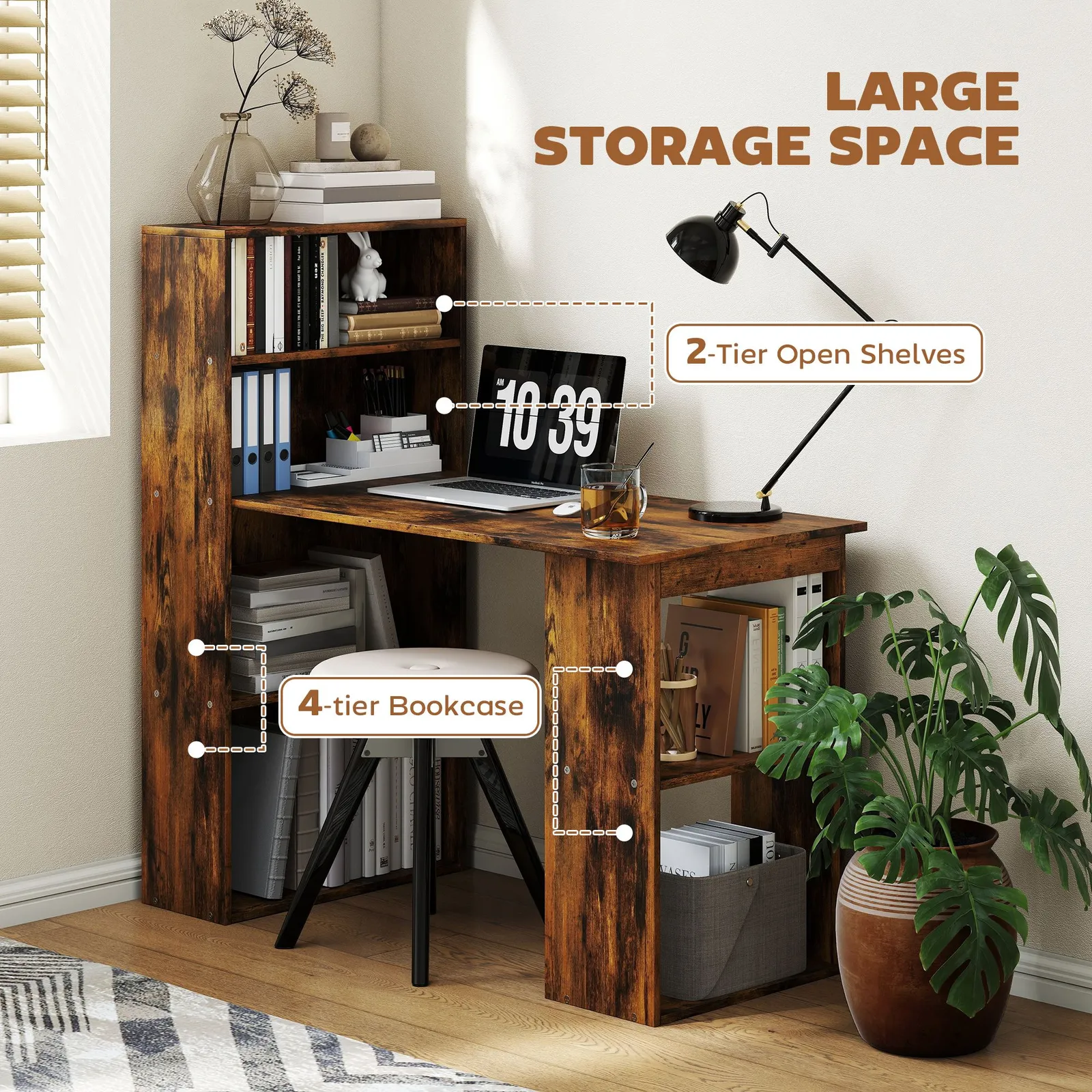 HOMCOM 120cm Computer Desk Bookshelf Writing Table 6 Shelves Brown in Dark Brown 6