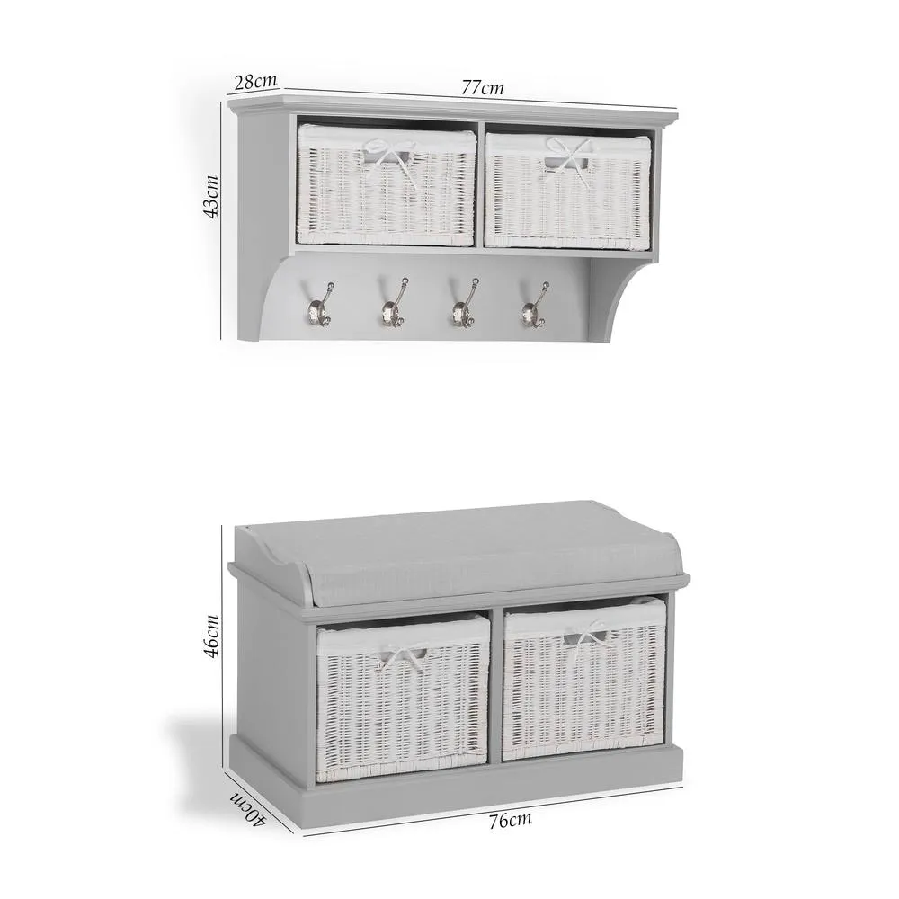 Statement Furniture Tetbury 2 White Wicker Basket & Grey Cushion Hallway Set in Light Grey 3