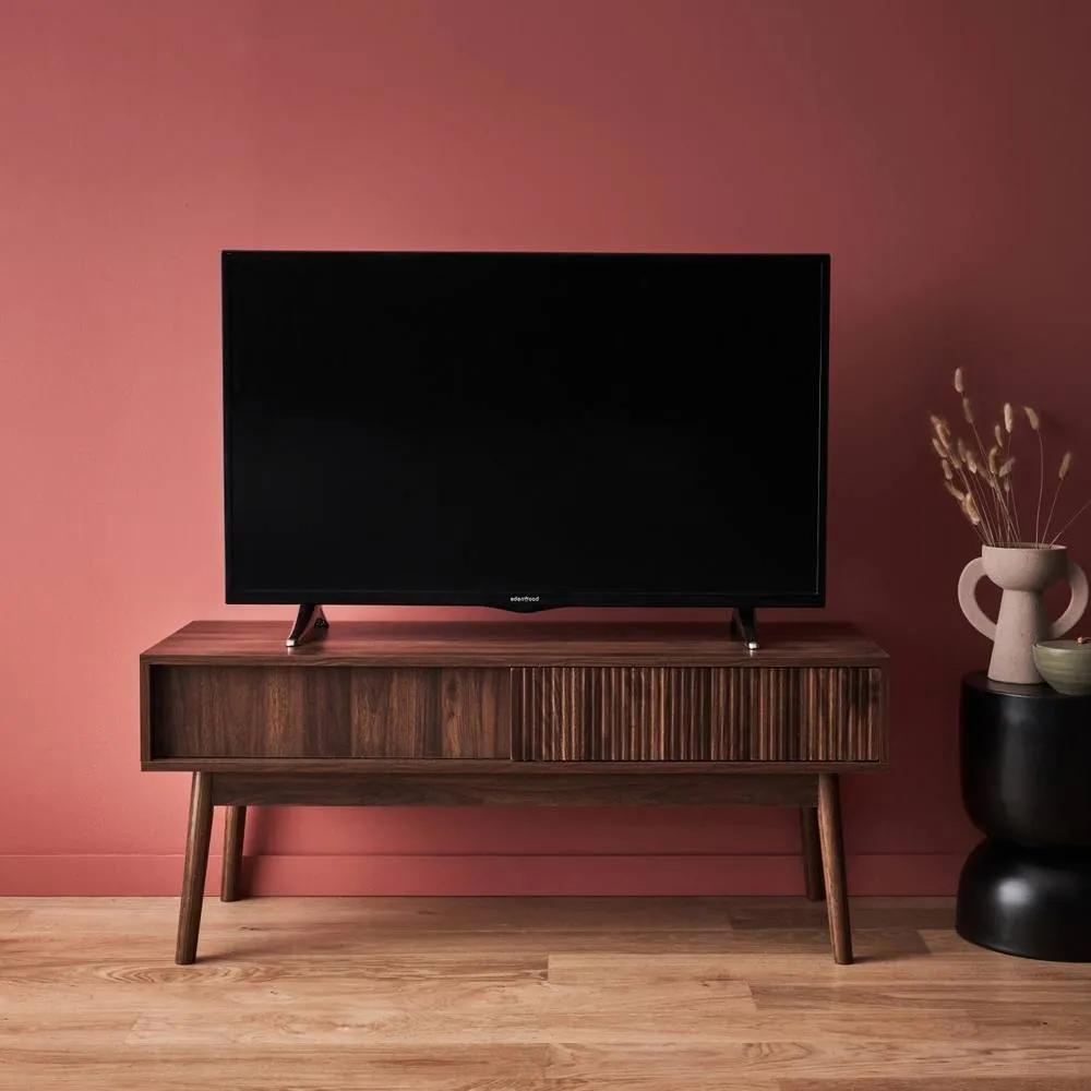 sweeek 115cm Tv Unit Grooved Wood Detail 2 Doors in Dark Brown