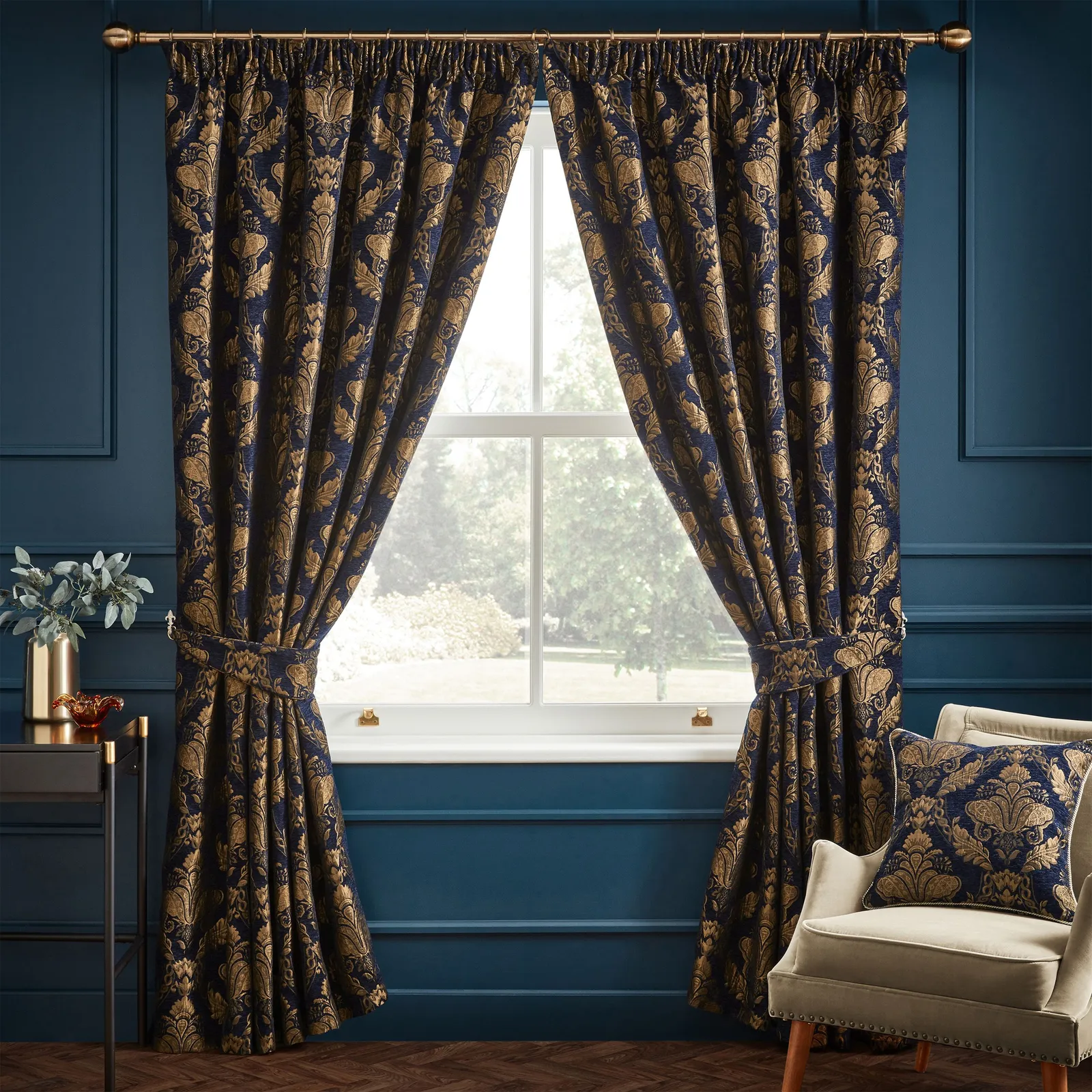Paoletti Shiraz Fully Lined Jacquard Pencil Pleat Curtains Navy 66" width 72" drop, Blue 2