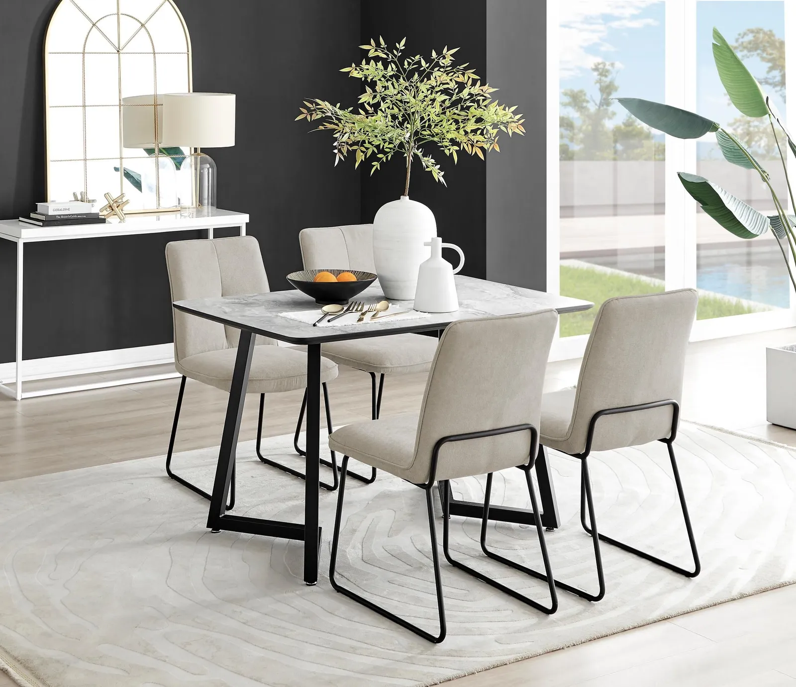FurnitureboxUK Carson White Marble Effect Dining Table & 4 Halleyy Chairs in Beige 1
