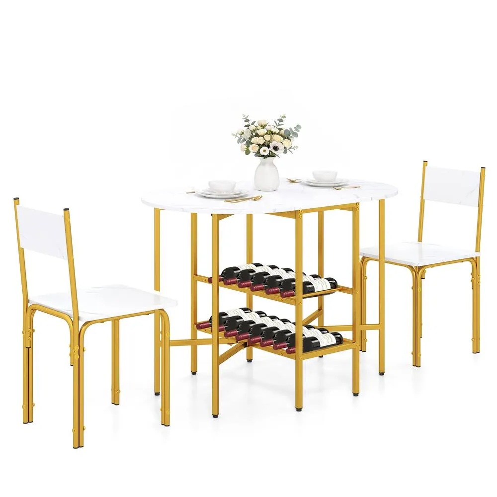 Costway 3 Piece Drop Leaf Dining Table Set w/ 2 Chairs Marble Kitchen in White