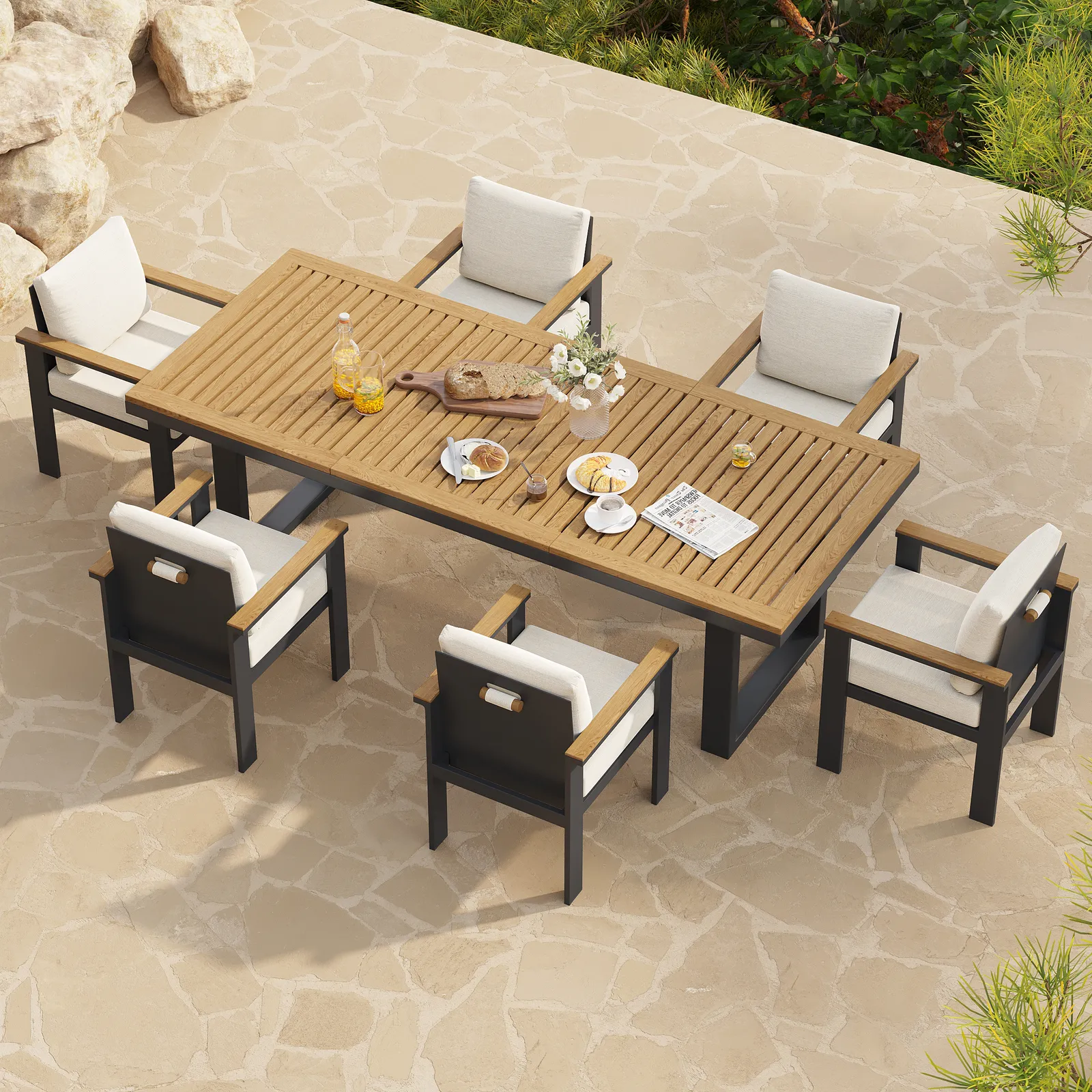 Rectangle Teak Wood & Aluminium Outdoor Patio Dining Table Modern Yard & Patio Furniture for 6 - 8 Person Teak & Aluminium Outdoor Dining Chair