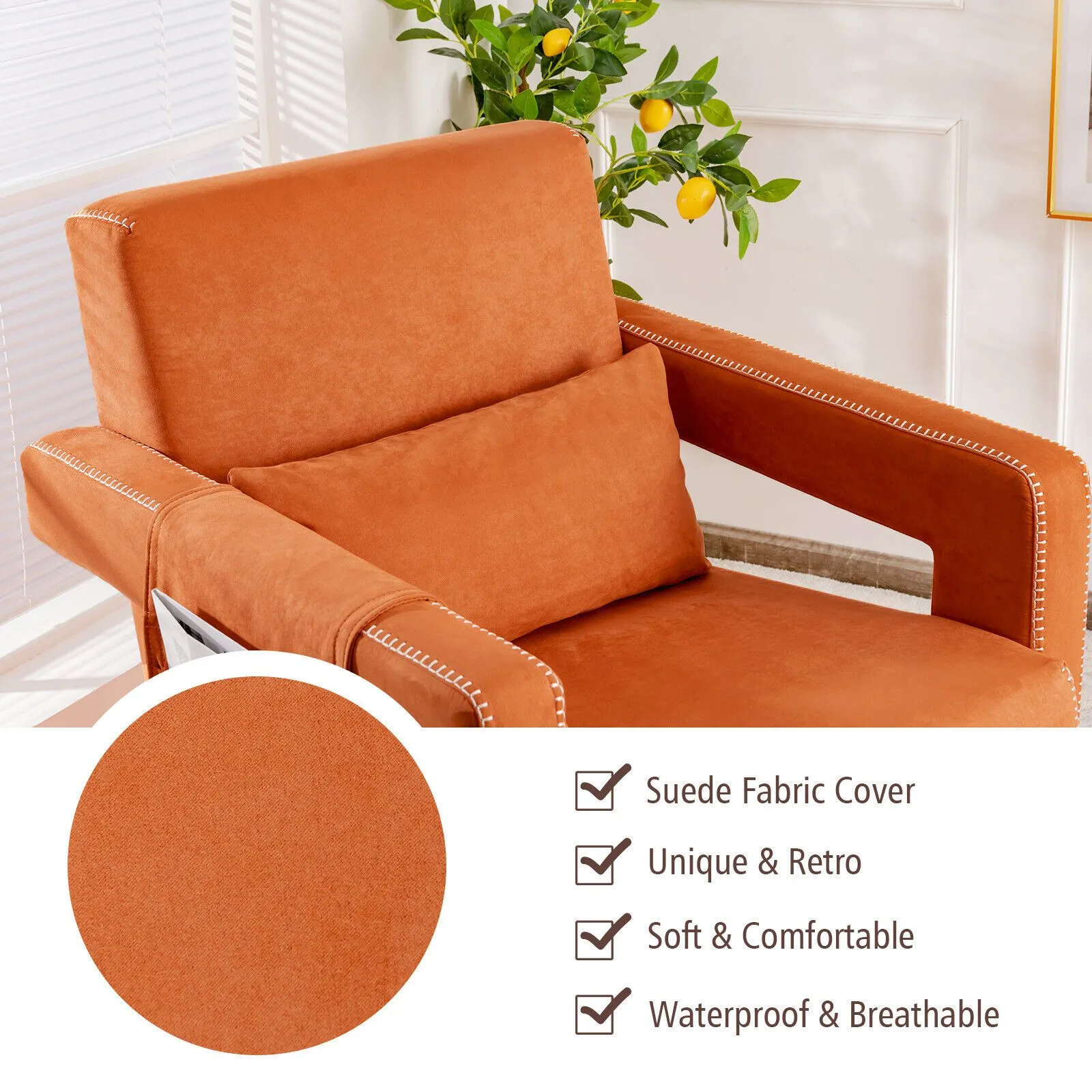 Costway Modern Accent Sofa Chair w/ Ottoman Upholstered leisure Armchair Living Room in Orange 4