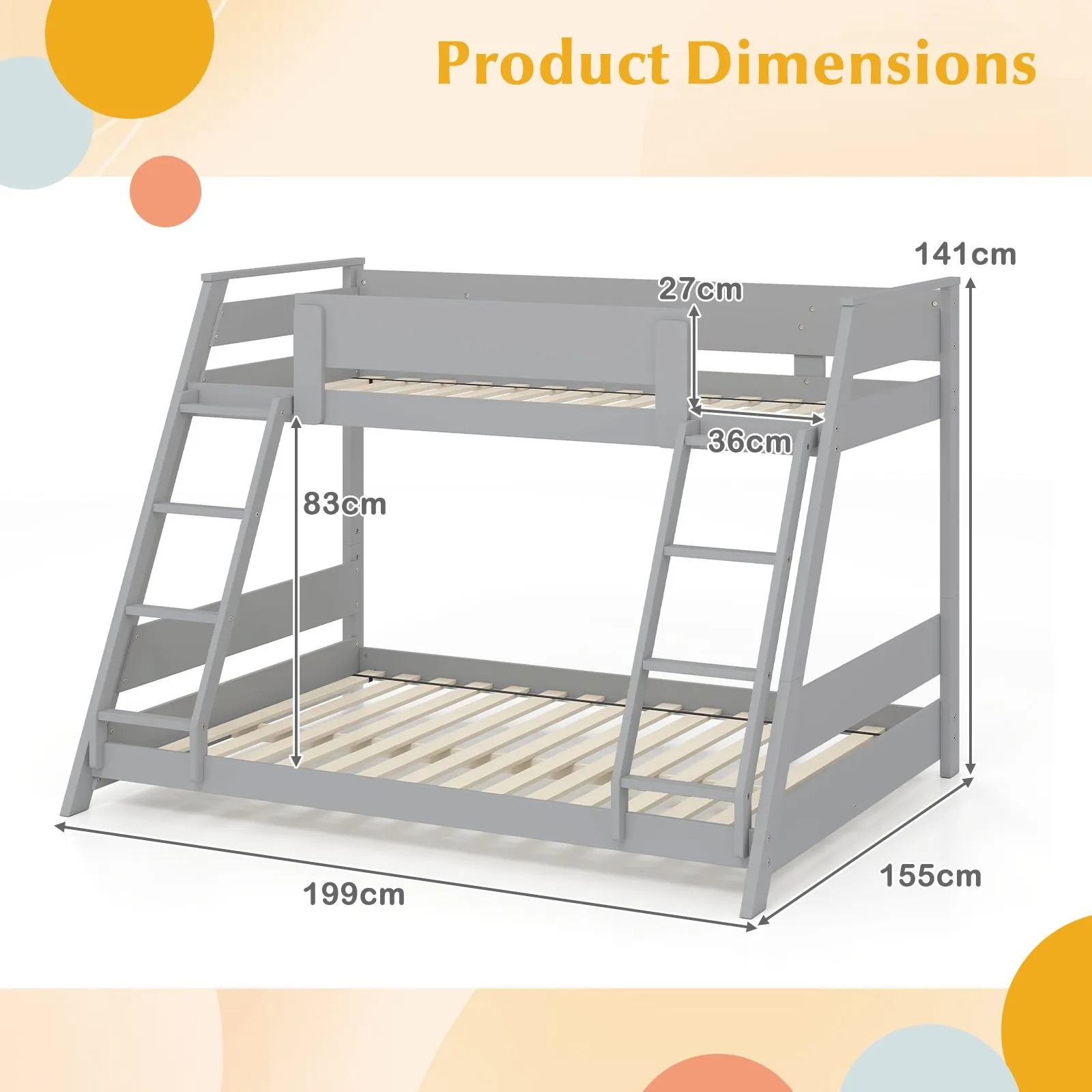 Costway 2-in-1 Single Over Double Bunk Bed Convertible Bed Frame w/ 2 Ladders in Grey 2