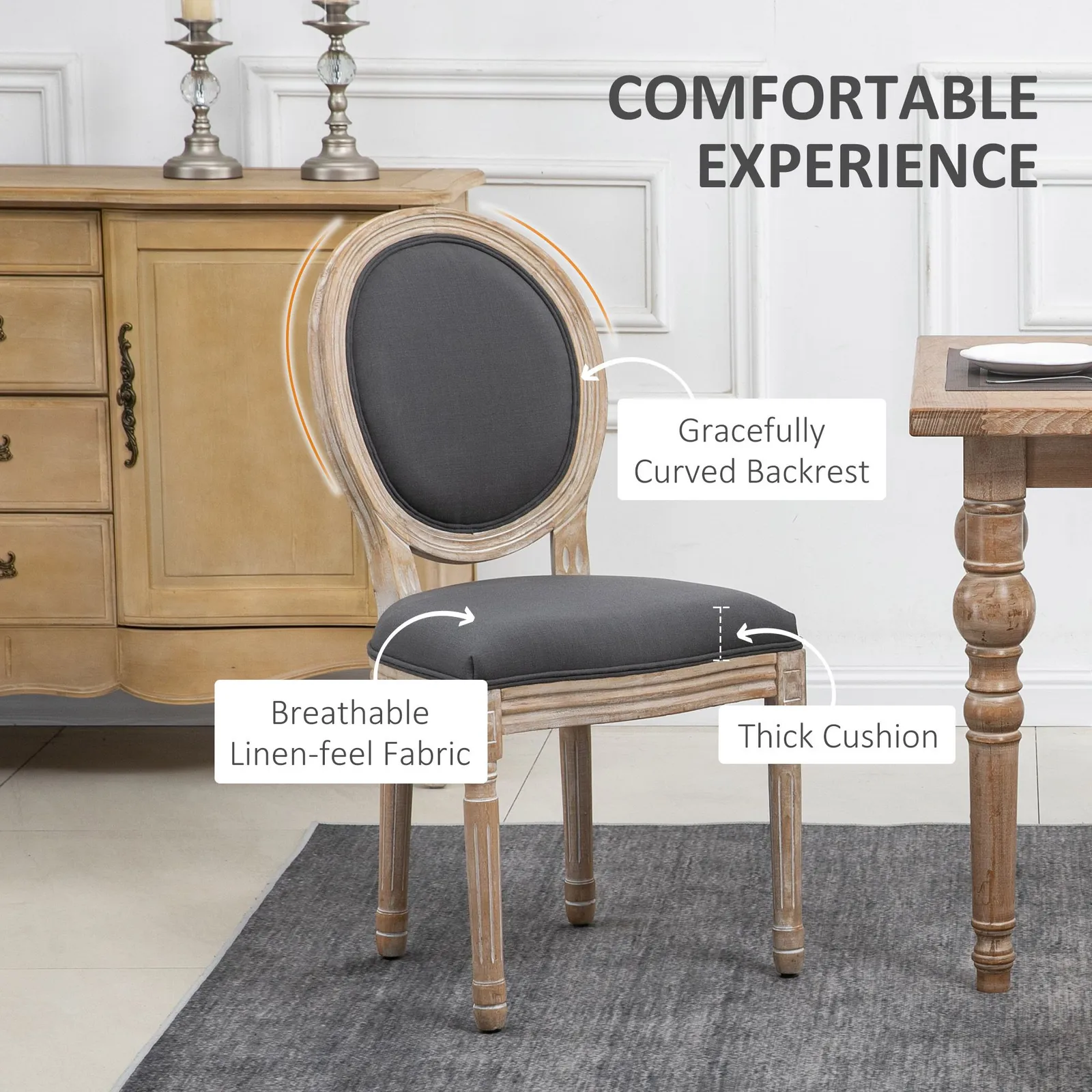 HOMCOM Dining Chairs Set of 2, French-Style Kitchen Chairs, Armless Accent Chairs with Linen Fabric Upholstery, Round Backrest & Solid Wooden Frame 5