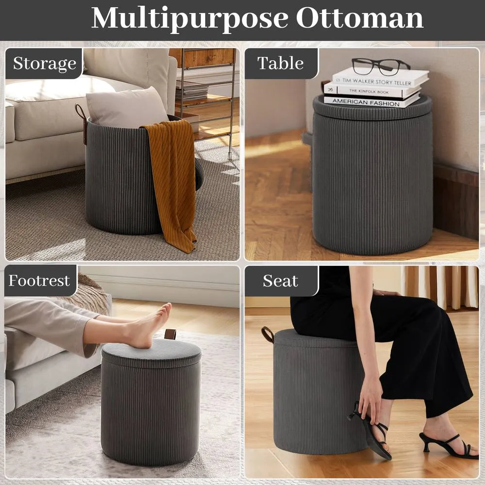 Costway 2PCS Modern Round Ottoman Upholstered Vanity Stools w/ Removable Lids in Grey 5