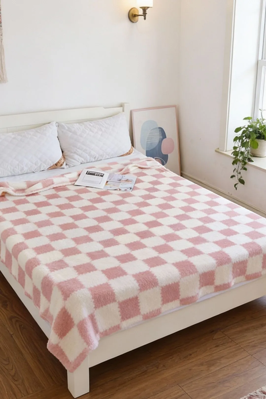 Living and Home Flannel Soft Lightweight Checkered Throw Blanket for Couch & Bed in Pink