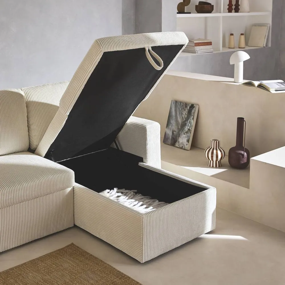 sweeek 3-seater large corduroy corner sofa bed in White 6