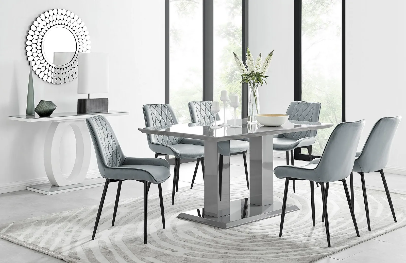 FurnitureboxUK Imperia 6 Grey Dining Table & 6 Pesaro Black Leg Chairs 1