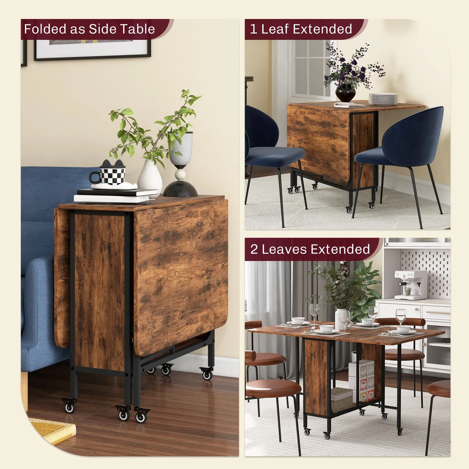 HOMCOM Mobile Drop Leaf Dining Table on Wheels with Storage Shelf in Dark Brown 4
