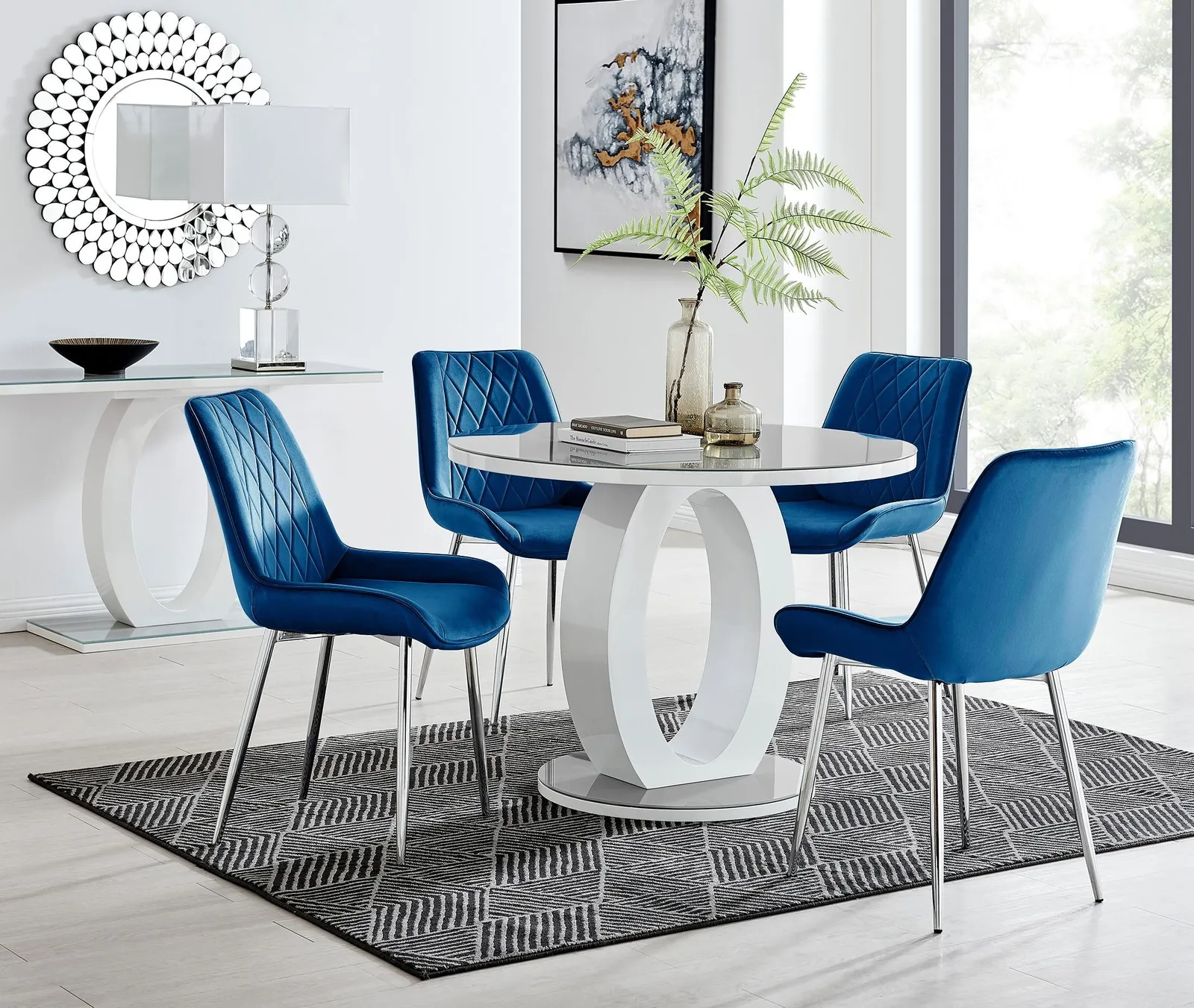FurnitureboxUK Giovani Round 4 Seat 100cm White High Gloss Halo Base Grey Glass Top Dining Table 4 Soft Velvet Silver Leg Pesaro Chairs in Navy 1