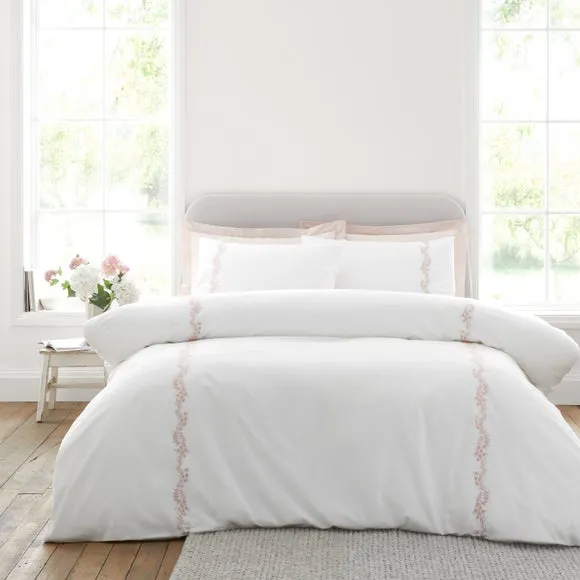 Bianca Camille Embroidered Floral 100% Cotton Duvet Cover & Pillowcase Set