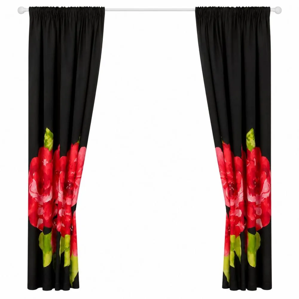 Smart Living Grace Floral Curtains Pair with Tie Backs - Large Flower Print in Black 4