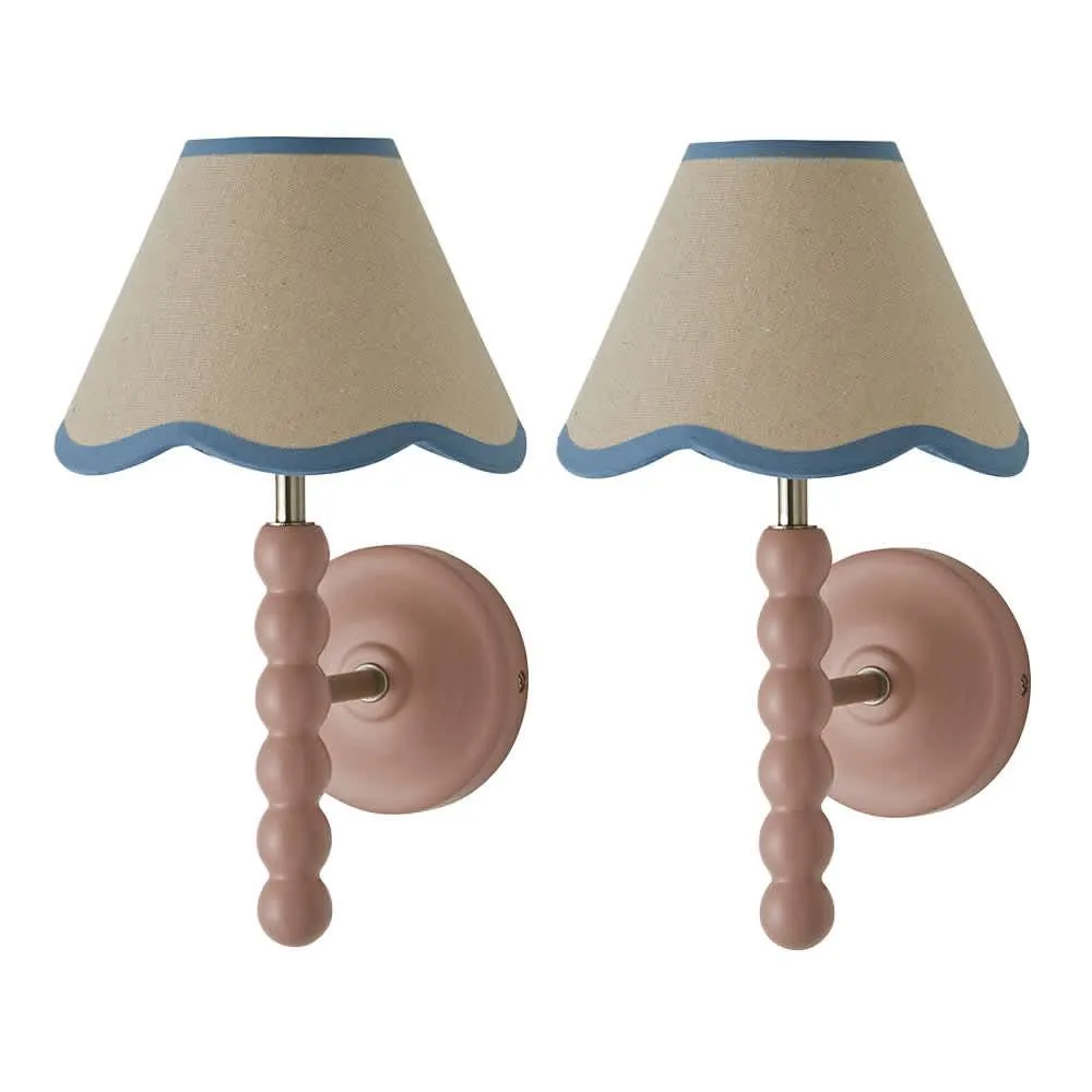 ValueLights Bobbins Pair Pink Bobble Wall Lights & Linen Pastel Trim Lamp Shades in Pale Blue 6