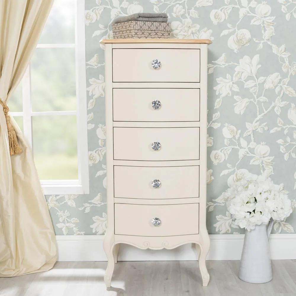 Statement Furniture Juliette Vintage Chic 5 Drawer Tallboy with Crystal Handles in Ivory