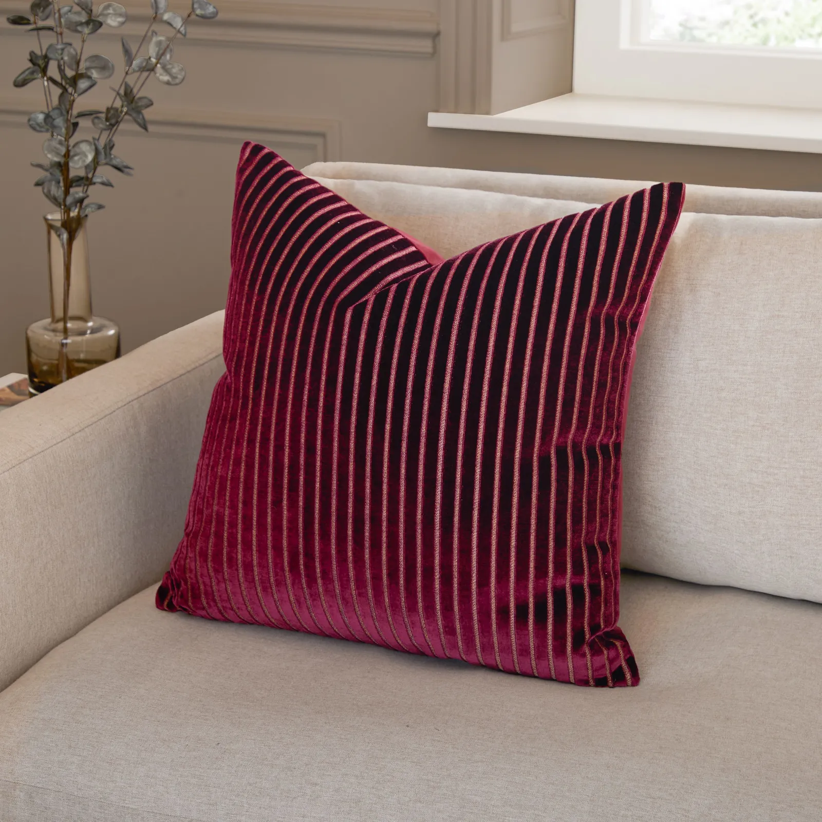 Paoletti Savoy Stripe Velvet Cushion in Burgundy 1
