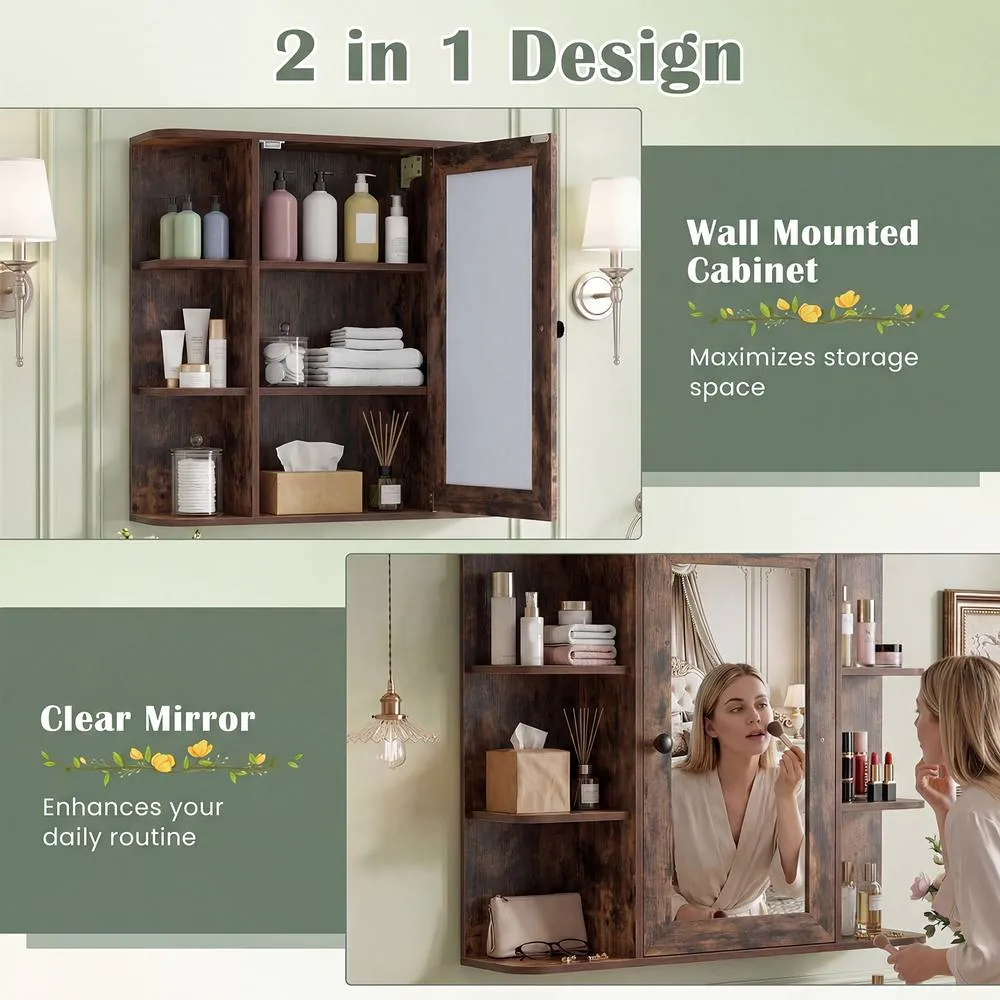 Costway Bathroom Wall Cabinet Modern Wall Mounted Medicine Cabinet with Mirror in Brown 2