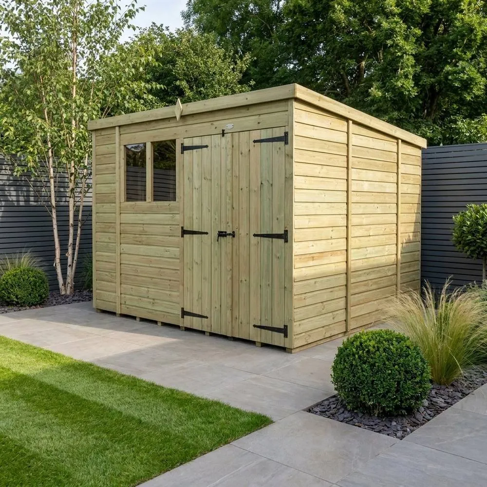 Buttercup Farm 10ft x 10ft Pent Garden Shed Double Door With Windows - Timber in Brown 2