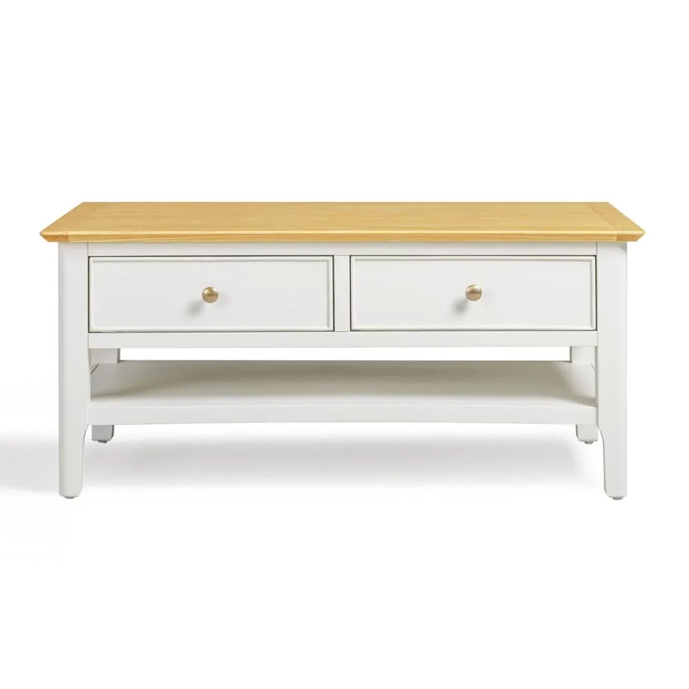 FurnitureboxUK Belle 2 Drawer Rectangular Solid Oak Wood & Cream Coffee Table 3