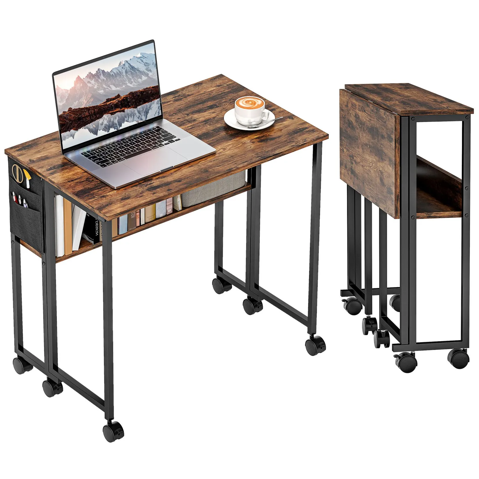 HOMCOM 80 cm Foldable Computer Desk on Wheels for Small Spaces Rustic Brown in Dark Brown 2