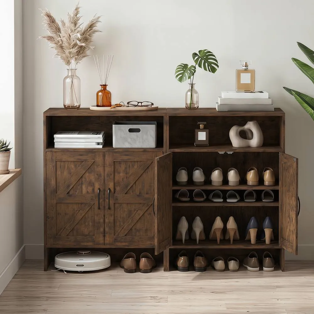 Costway Shoe Cabinet w/ 2 Barn Doors Narrow Shoe Storage Cabinet Shoe Rack in Brown 4