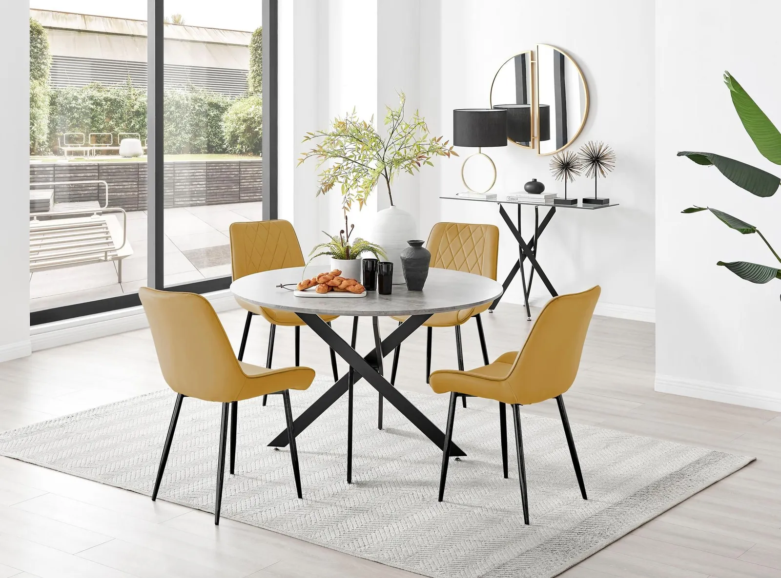 FurnitureboxUK Novara Grey Concrete Effect Black Leg 120cm Round Dining Table & 4 Pesaro Black Leg Chairs in Mustard 1