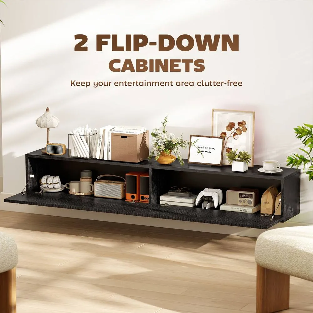 HOMCOM Wall Mount TV Stand Cabinet with Fluted Flip-Down Doors in Black 6