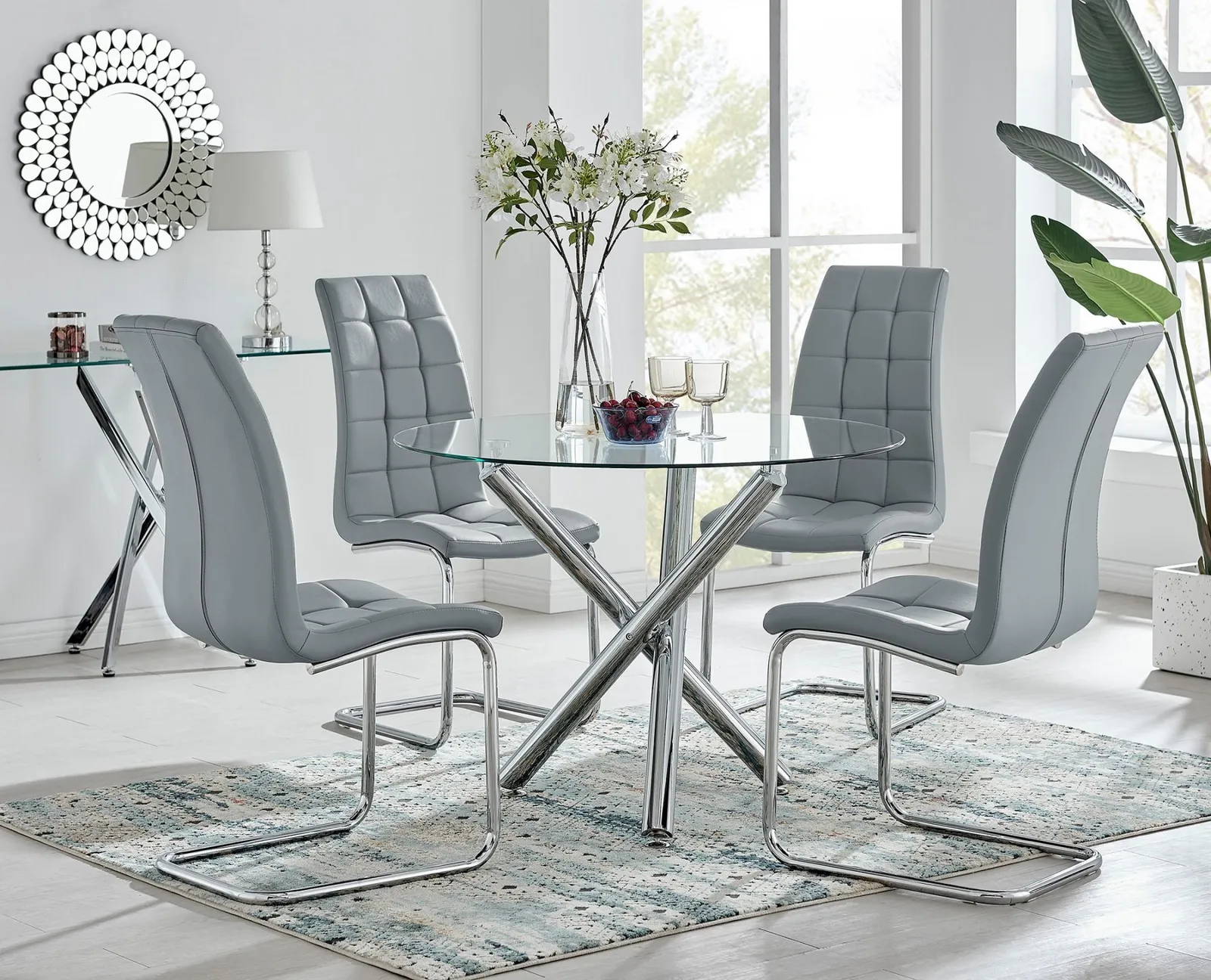 FurnitureboxUK Selina Round Glass Chrome Leg Dining Table & Murano Chairs in Grey 1