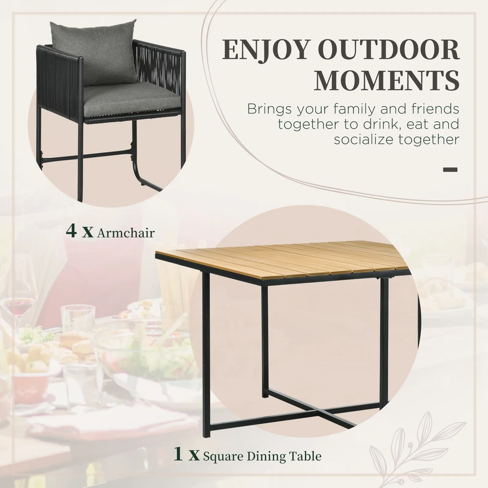 OUTSUNNY 5-PC Rattan Dining Set, 4-seater Rattan Cube Dining Sets with Space-saving Design in Black 4