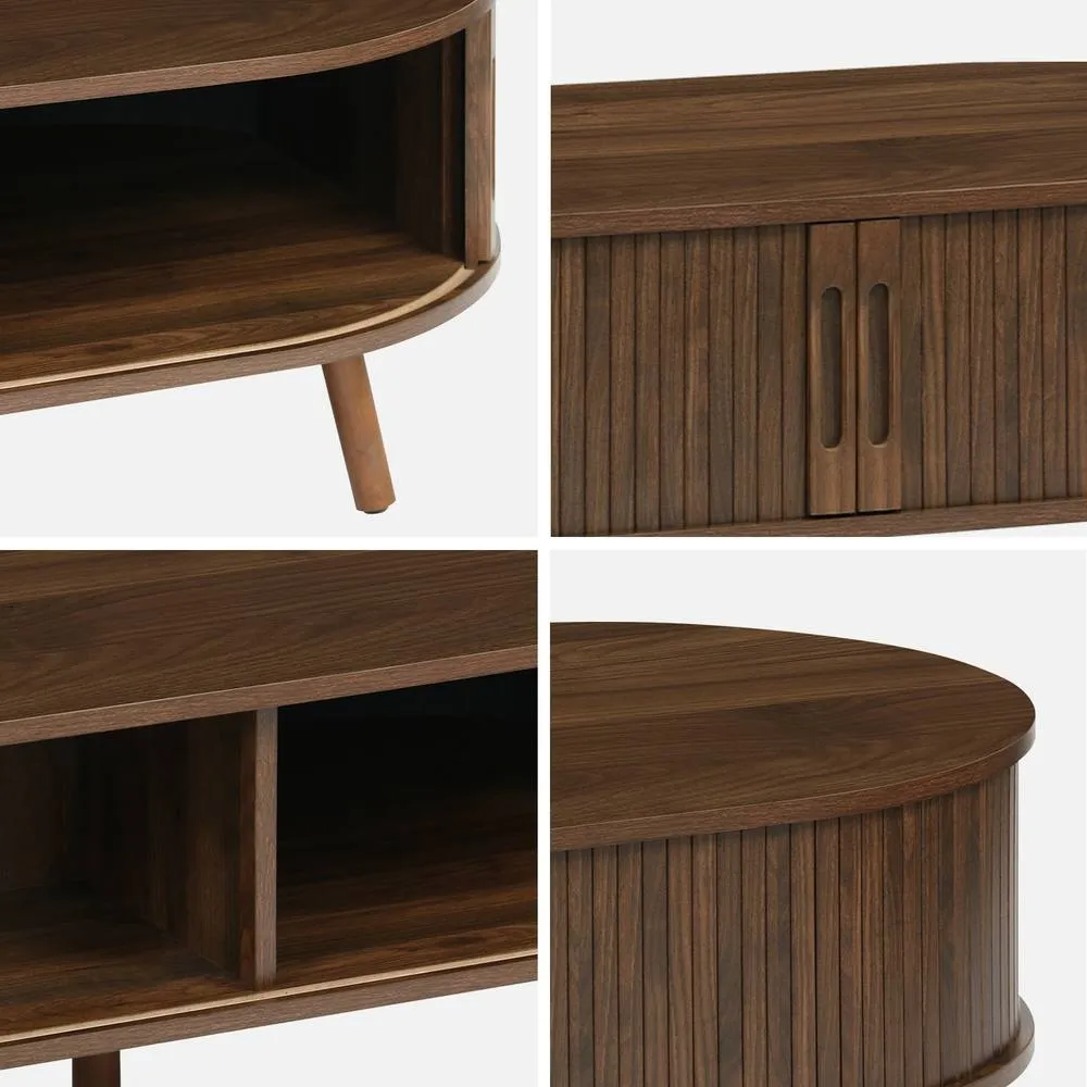 sweeek Coffee Table With Sliding Doors & Grooved Wooden-effect Compartments in Dark Brown 3