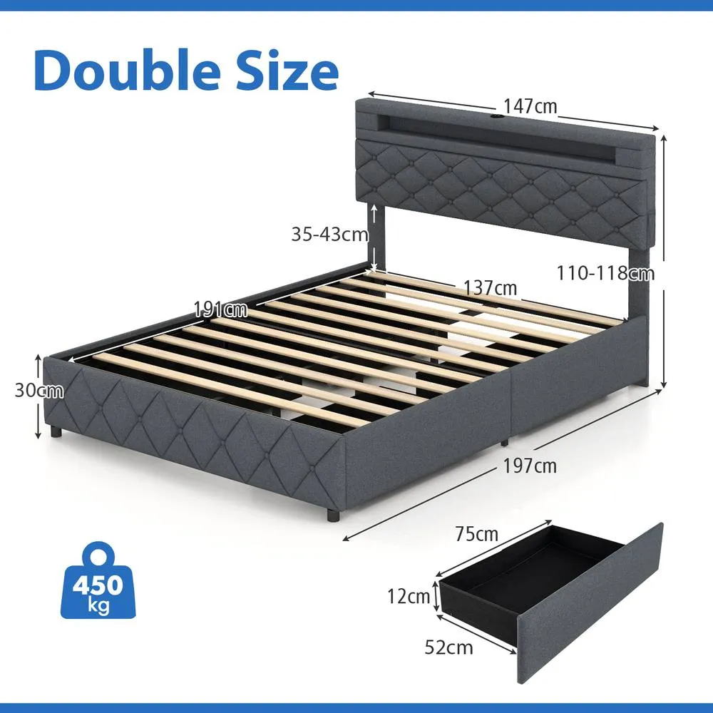 Costway Double Size Bed Frame w/ Led Lights & Charging Station-Grey in Grey 2