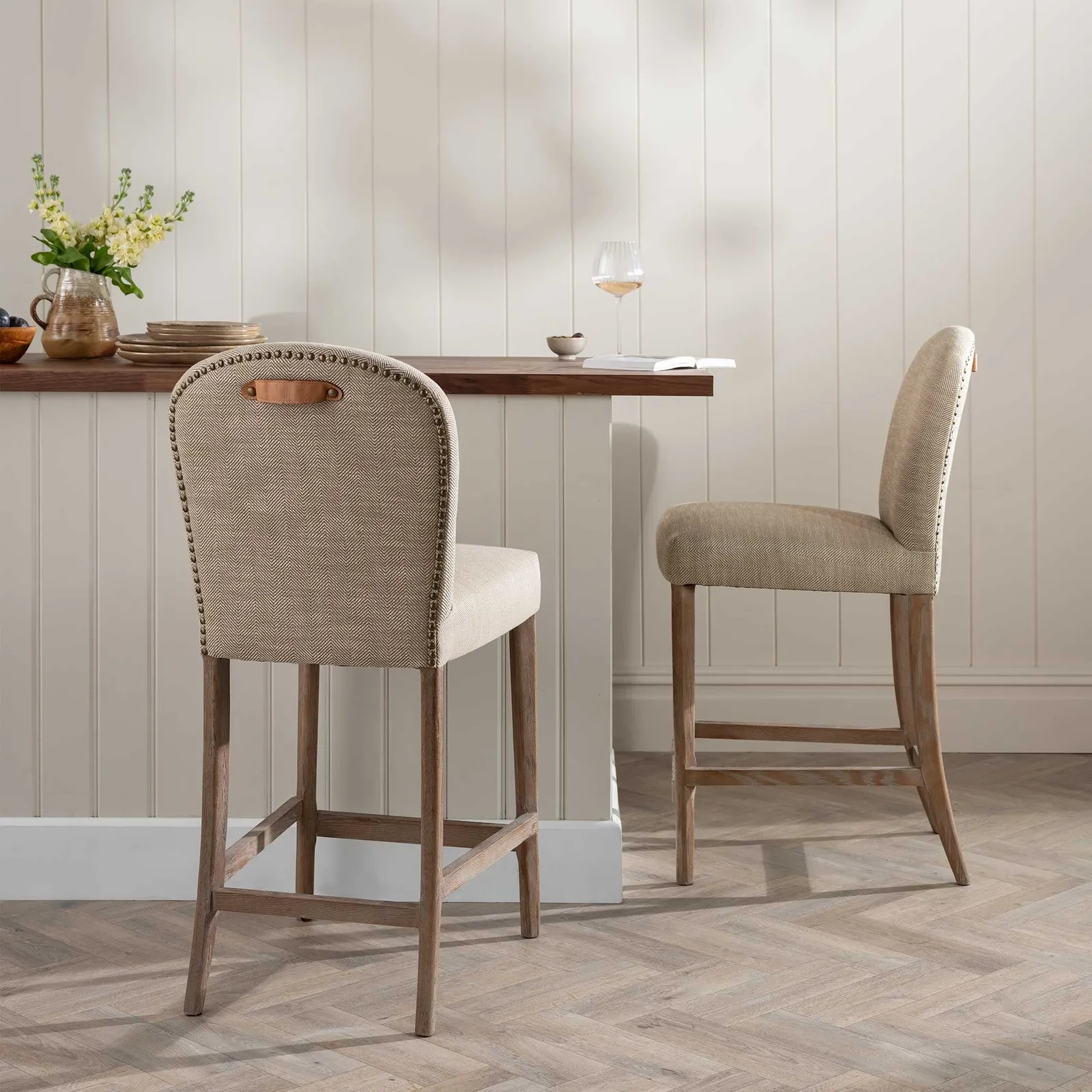 Maurice Counter Stool H'bone+Tan Handle, Neutral Fabric | Barker & Stonehouse 2