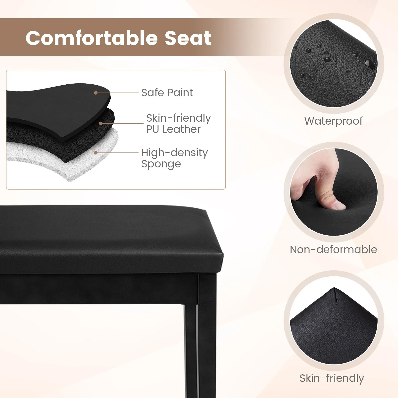 Costway 2-in-1 PU Leather Piano Bench Double Duet Seat W/Padded Cushion Music Storage in Black 3