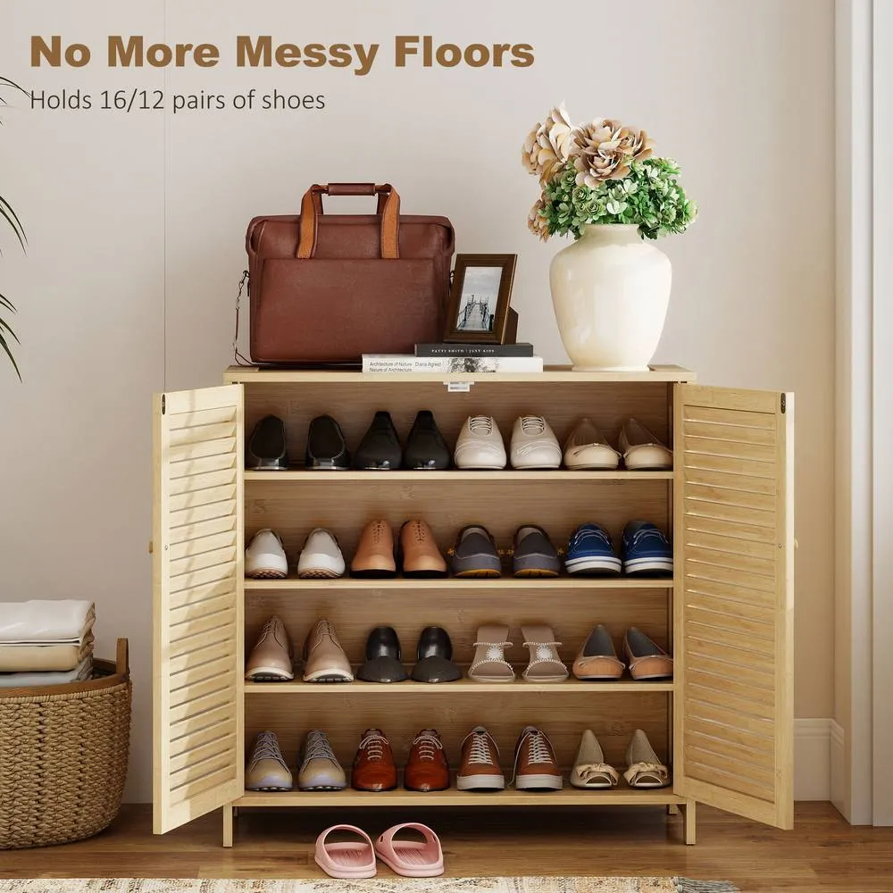 HOMCOM Bamboo Shoe Cabinet with Louvered Doors 14 Pairs Shoe Storage Cabinet in Natural 4