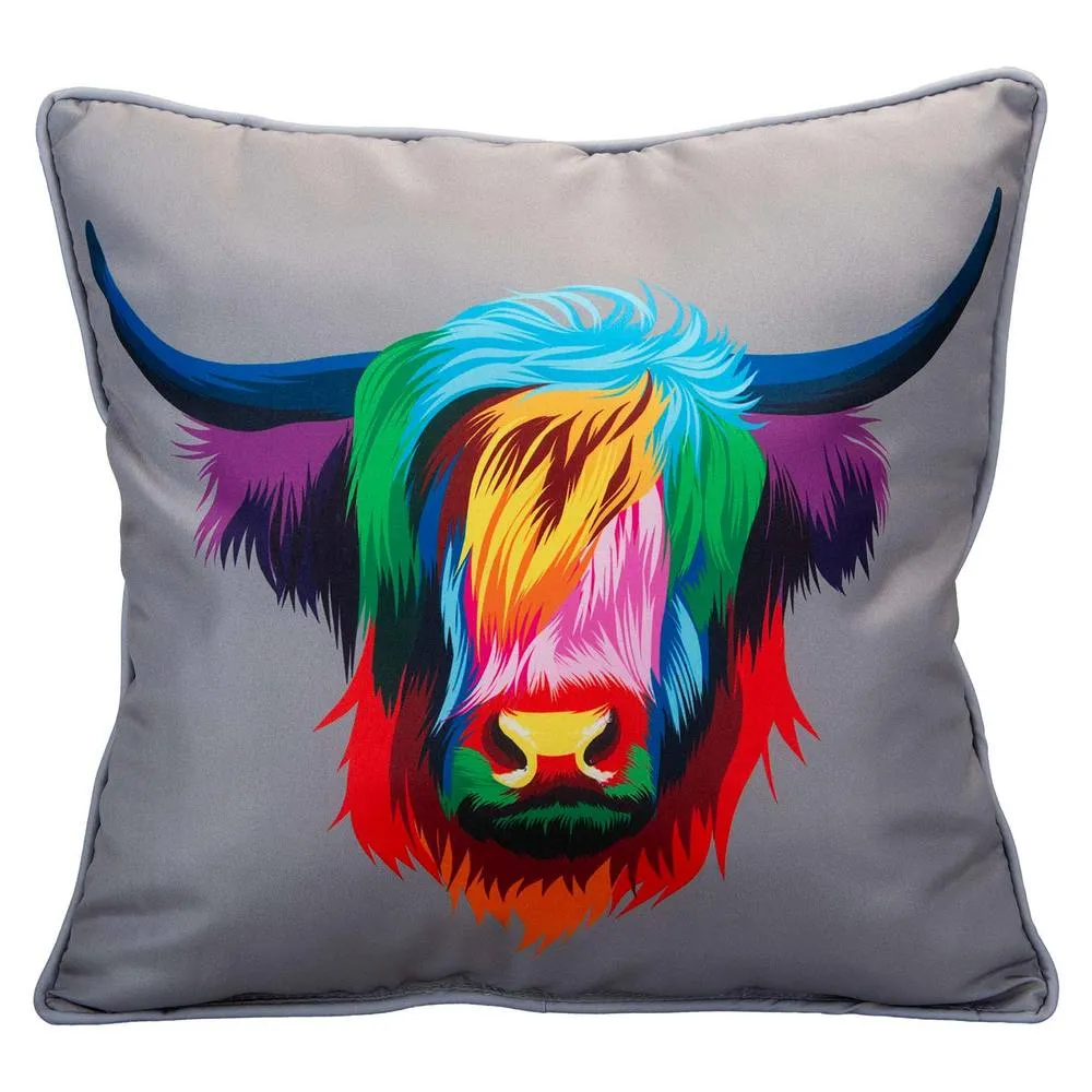 VFM e-Store Scatter Cushion Highland Cow Print Design Piping Edge Soft Multi