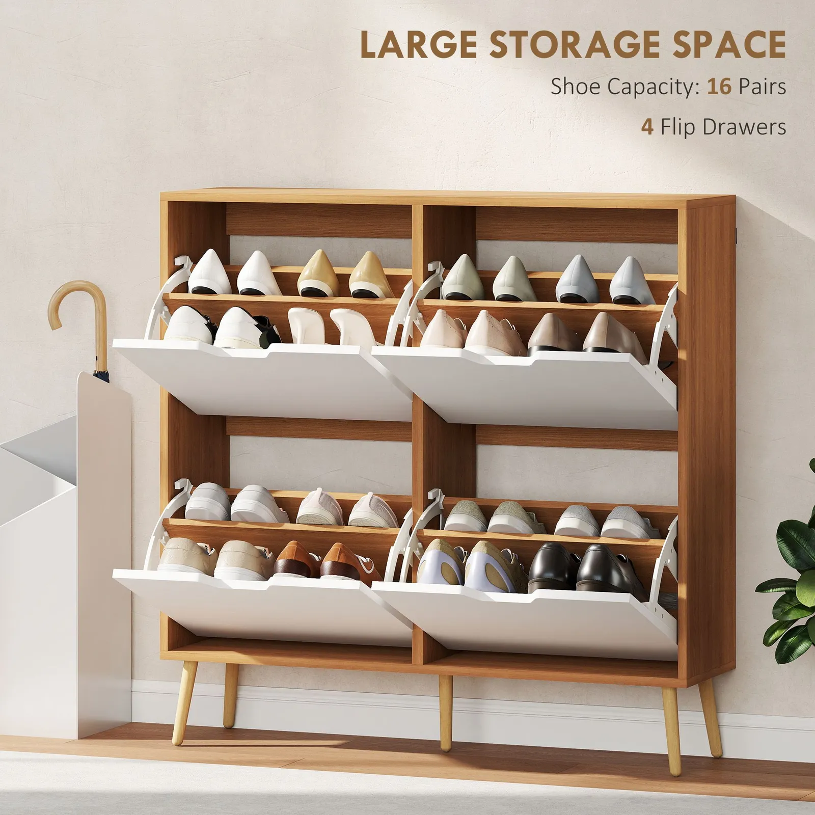 HOMCOM Shoe Storage Cabinet with 4 Flip Drawers for 16 Pairs of Shoes in Natural 4