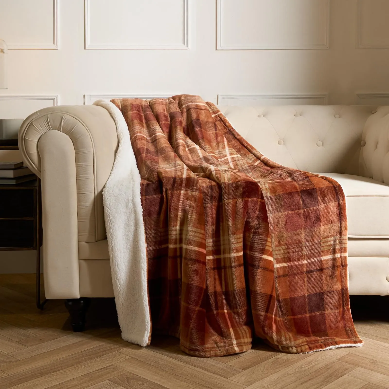 OHS Flannel Check Sherpa Fleece Soft Warm Throw in Burnt Orange