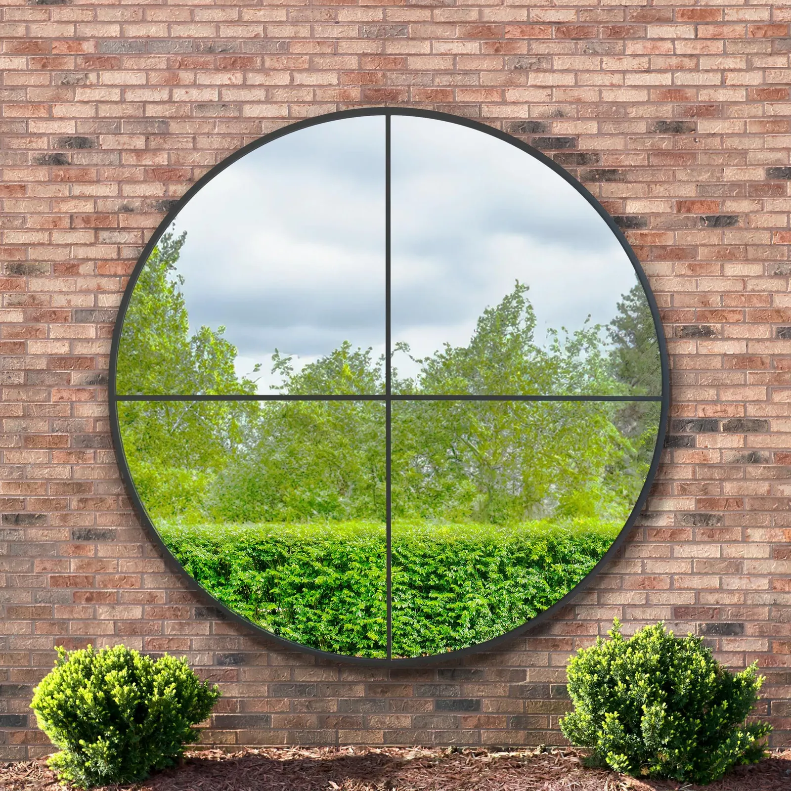 MirrorOutlet Black Large Circular Window Metal Garden Wall Mirror (180x180cm) 2