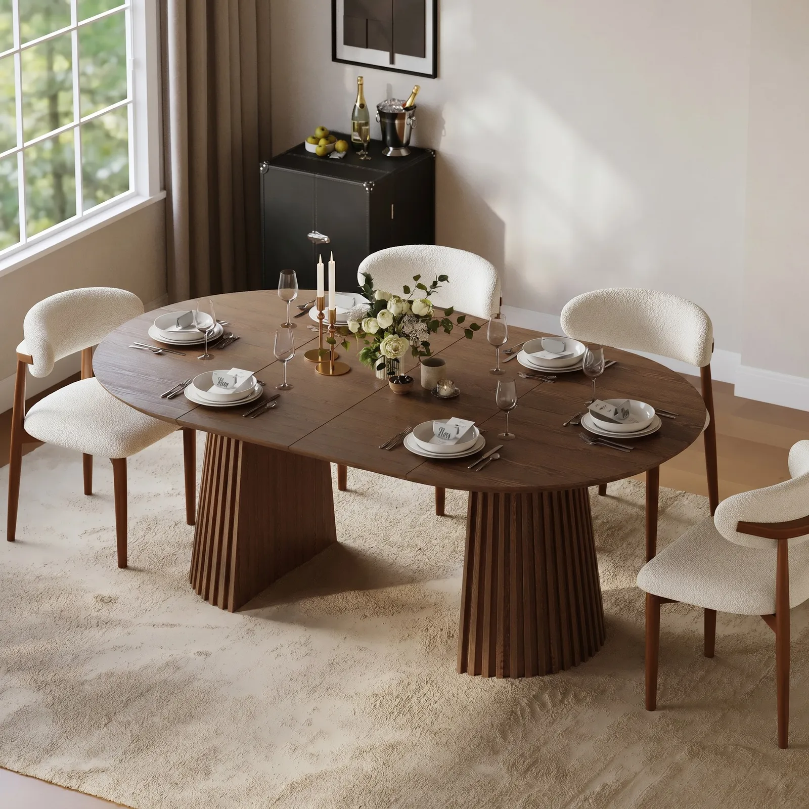 119 - 200 cm Extendable Round-to-Oval Wood Dining Table with Fluted Base, Seats 4-6
