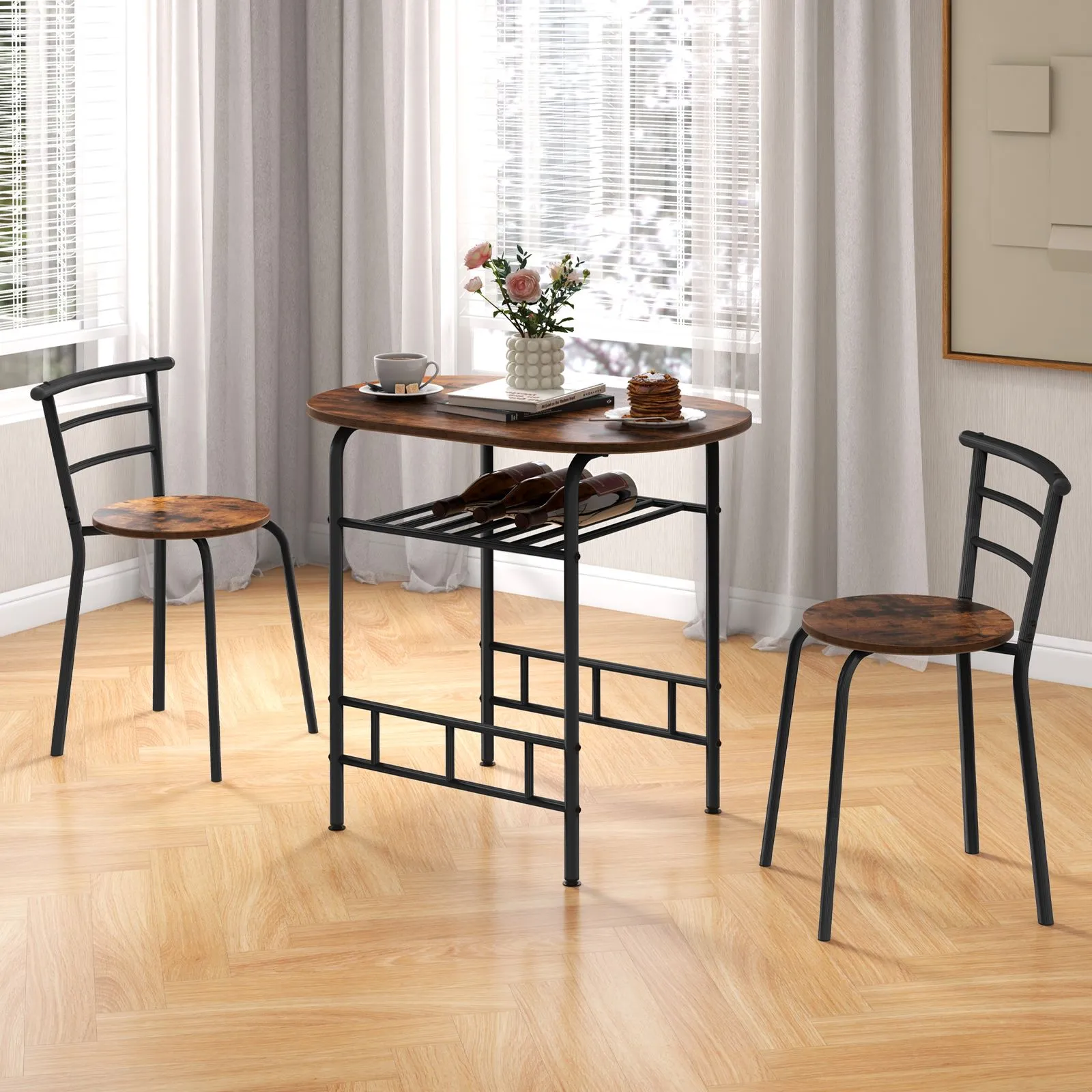 Costway 3-Piece Dining Table Set Kitchen Breakfast Nooks Table & Chairs in Brown 2