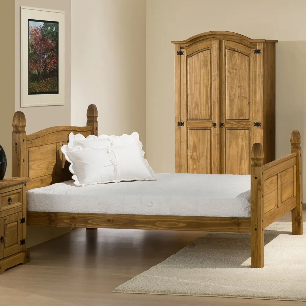 Solid Pine Wooden Bed Frame 4ft Small Double Corona High Foot End Waxed