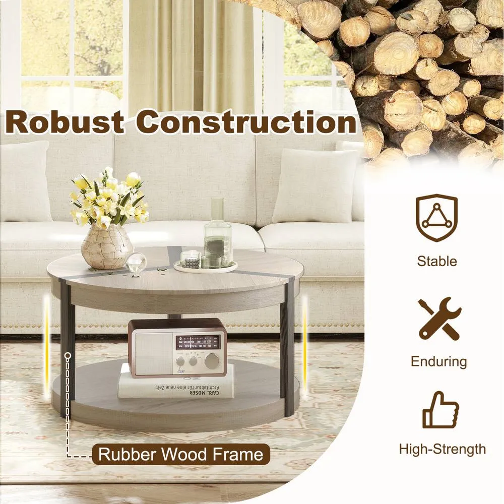 Costway 2-Tier Round Coffee Table 88CM Rubber Wood Center Table w/Shelf-Oak in Light Oak 5