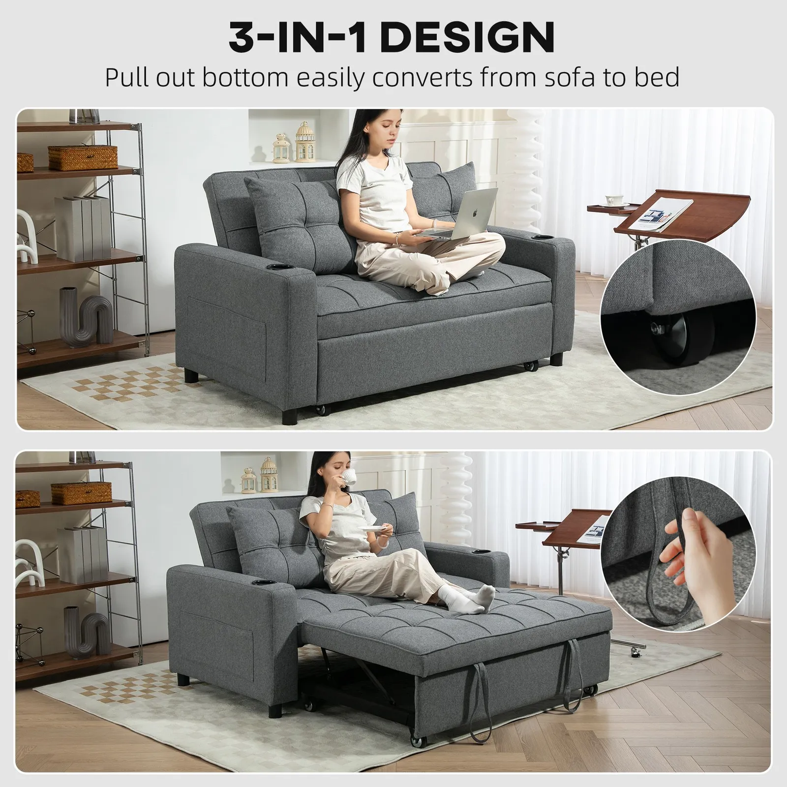 HOMCOM 2 Seater Pull Out Sofa Bed with Pockets for Living Room in Dark Grey 4