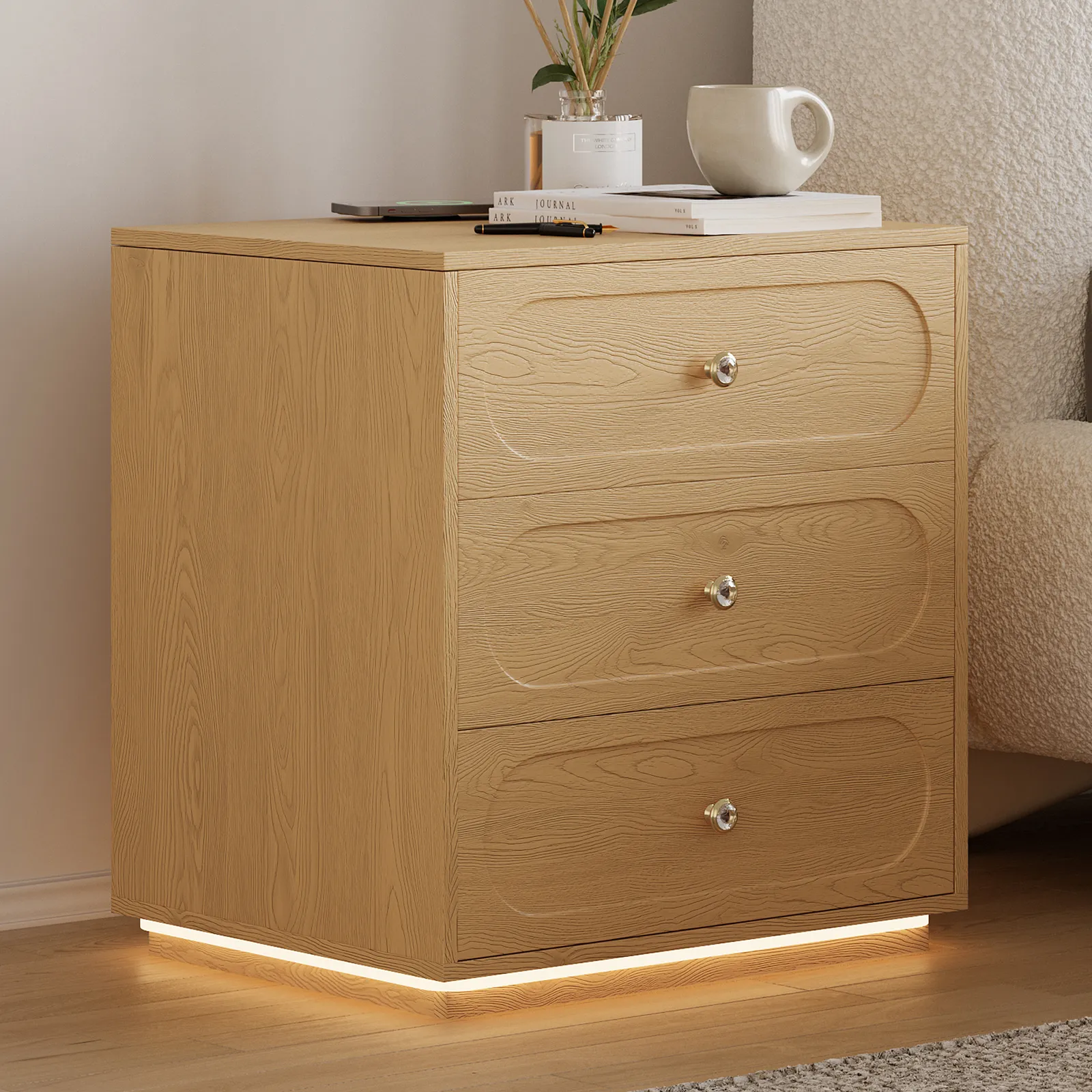Modern Smart Nightstand with Light 2 Drawer Bedside Table with Charging Station Set of 2